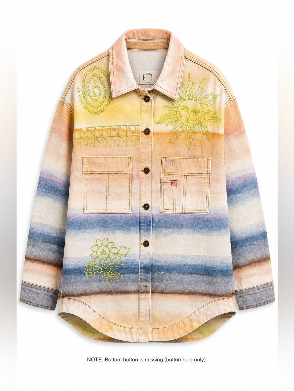 BDG Elissa Ombre Fade Beach Boho Embroidered Denim Jacket | S | Missing Button